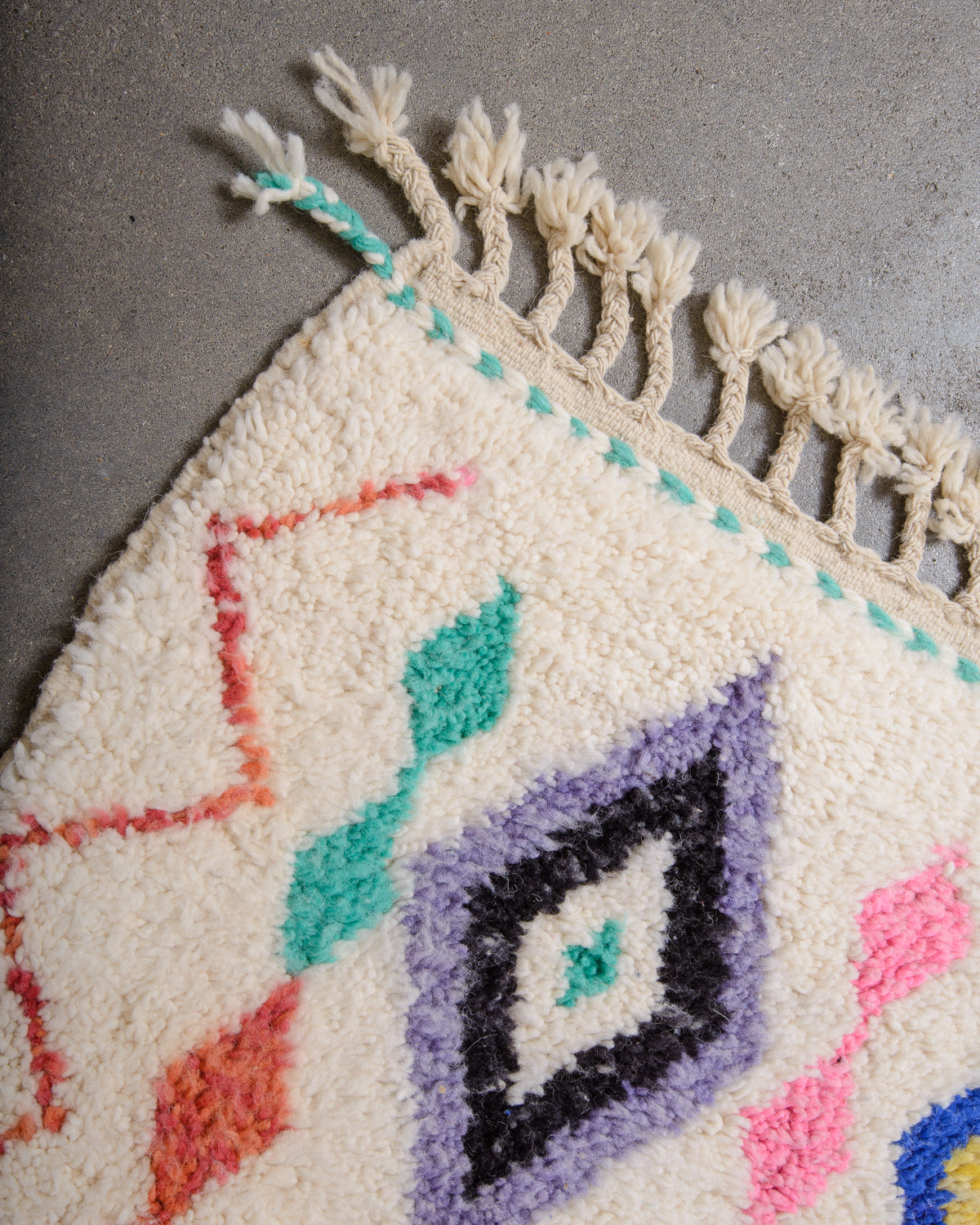 Modern, designer, handcrafted Berber rug from Morocco. Beniourain carpet with beautiful colours and patterns and fluffy wool texture.
